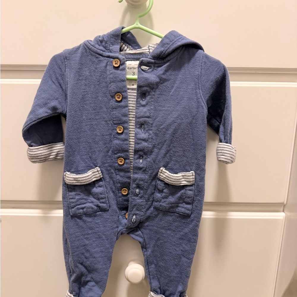 Carter's Blue Hooded Footie with Striped Accents